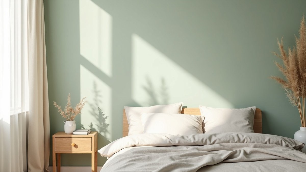 Chambre apaisante avec mur vert sauge et linge de lit en lin greige