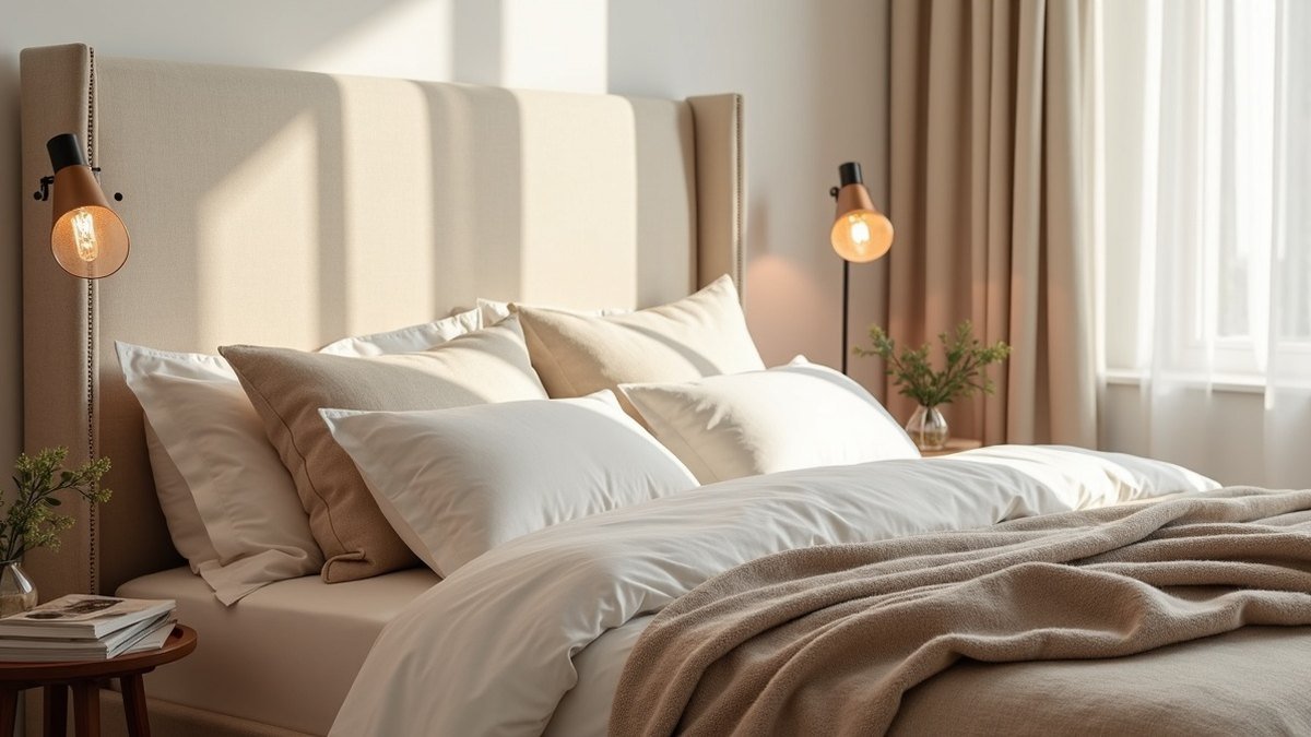 Chambre cosy lumineuse avec tête de lit capitonnée en lin et linge de lit en lin lavé