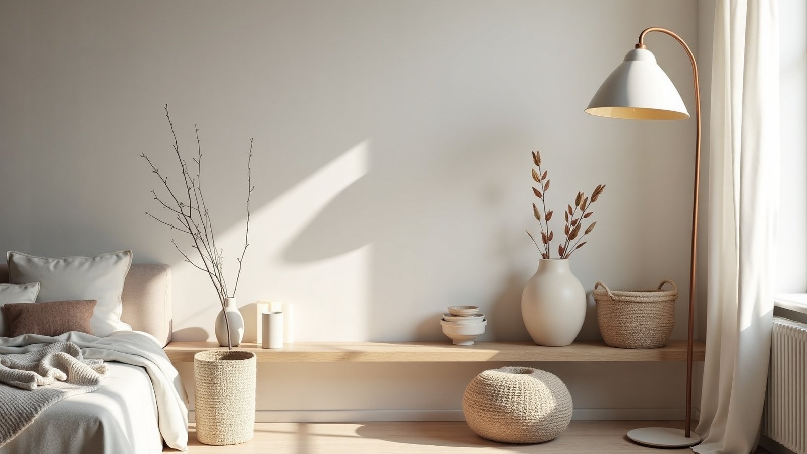 Coin salon scandinave et atmosphère hygge Coin salon scandinave chaleureux avec étagère en chêne, bougies et plaid en laine