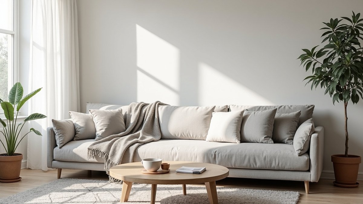 Salon scandinave lumineux avec canapé gris clair, table en chêne et tapis géométrique