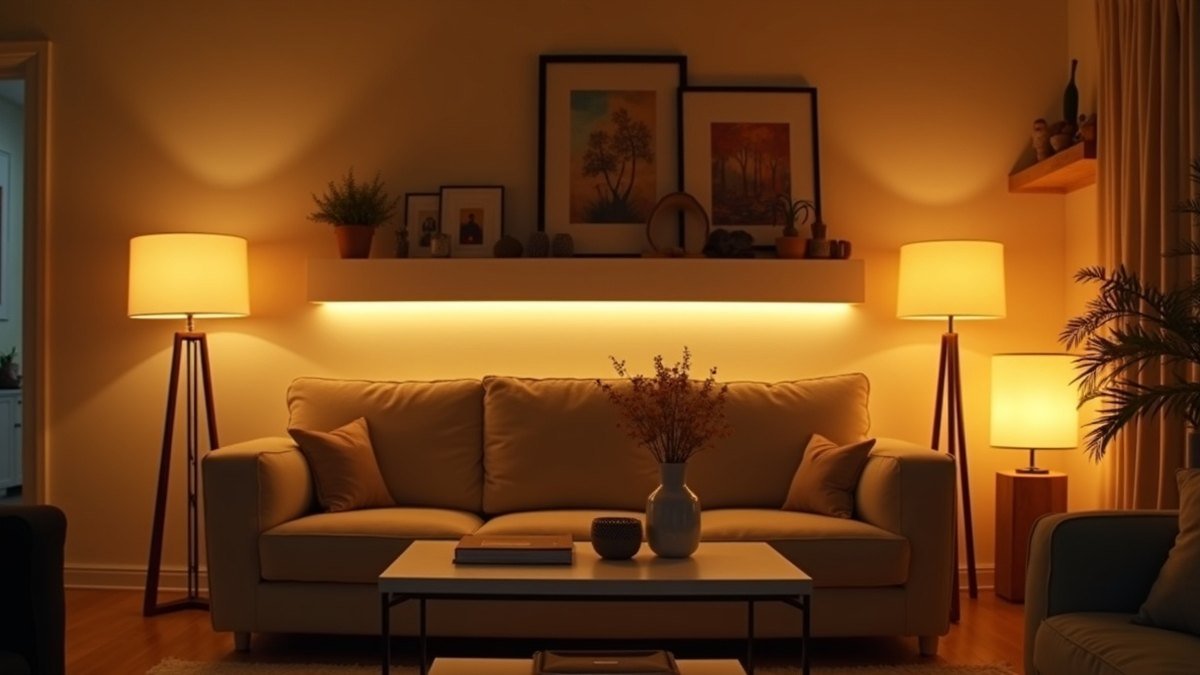 Salon chaleureux le soir avec lampadaire, lampes à poser et éclairage indirect