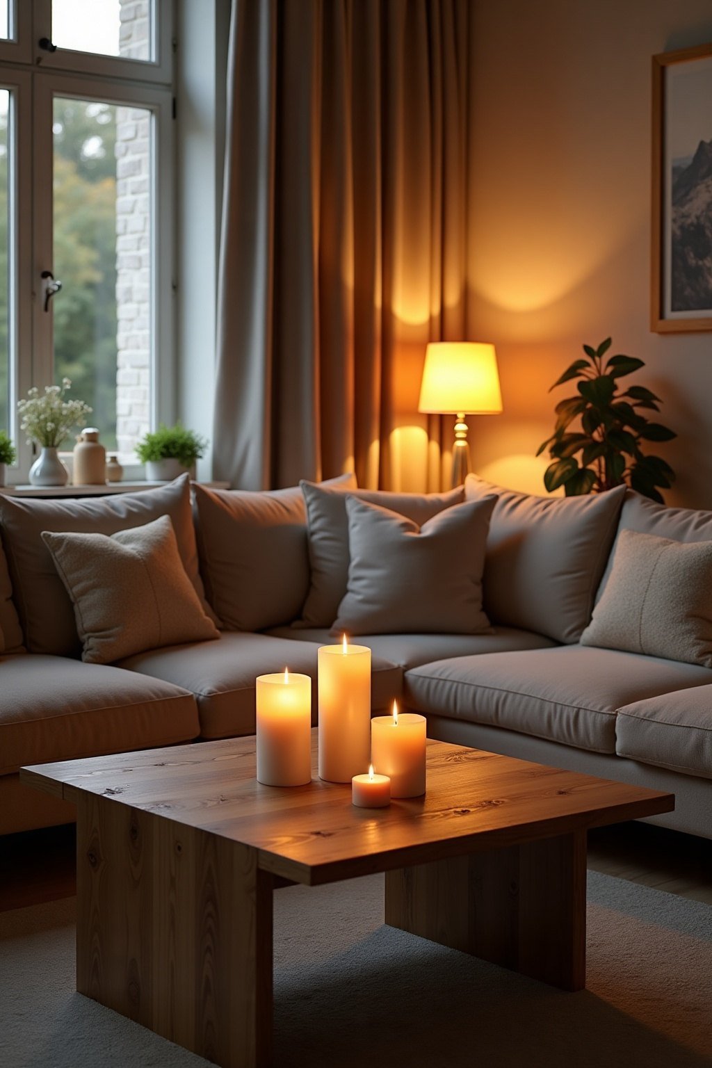 Salon chaleureux le soir avec lampes à poser et bougies, format vertical