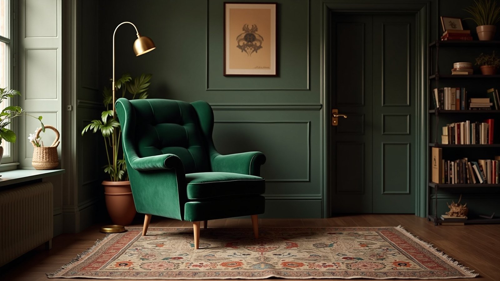 Ambiance salon cosy et enveloppante Coin salon cosy avec fauteuil en velours vert et lampadaire en laiton