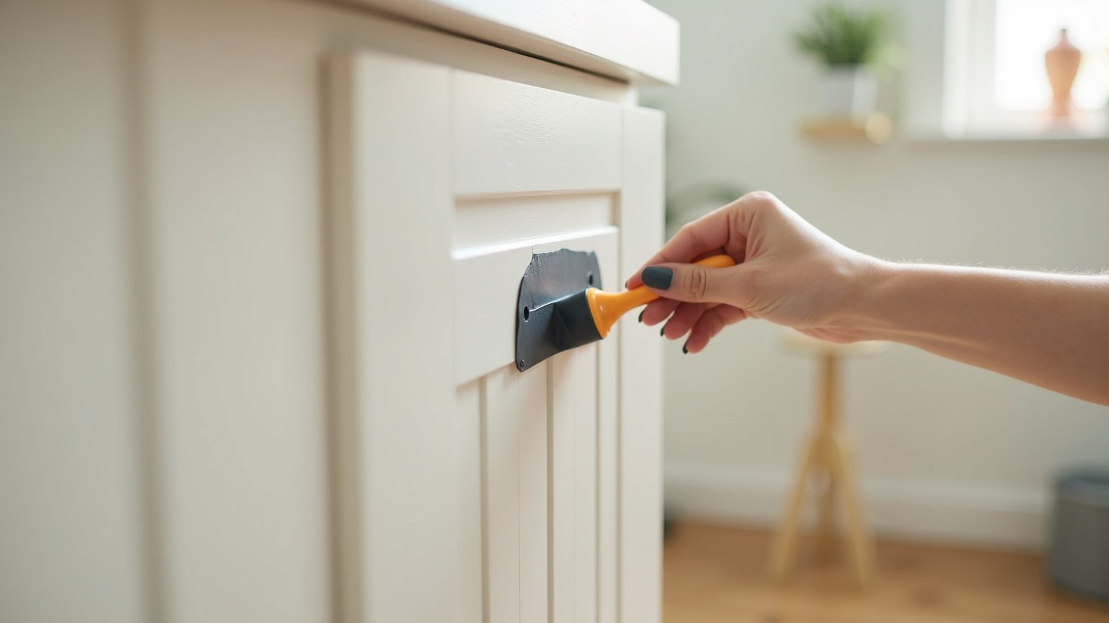 Repeindre ses façades, le geste qui change tout Façades de meubles de cuisine en cours de peinture avec rouleau et poignées neuves